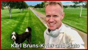 Texas Medicare insurance broker Karl Bruns-Kyler and his dog Plato in green field.
