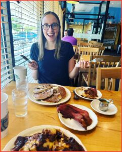 Flo enjoying a big breakfast in Highlands Ranch, Colorado before heading back to France.