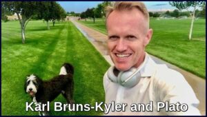 Medicare insurance broker Karl-Bruns Kyler of The Big 65 with his black and white dog Plato.