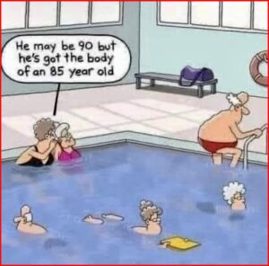Senior living cartoon of people in a chilly pool of water.