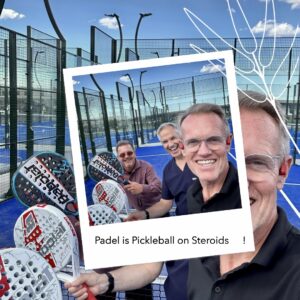 Karl Bruns-Kyler with Jason and Carry the dentist playing Padel (similar to Pickleball) Watch out for dentists under 30!