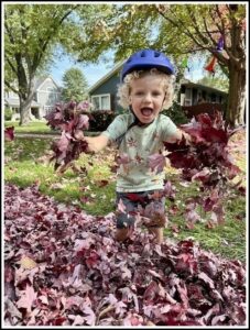 Cute kid playing in the autumn leaves.