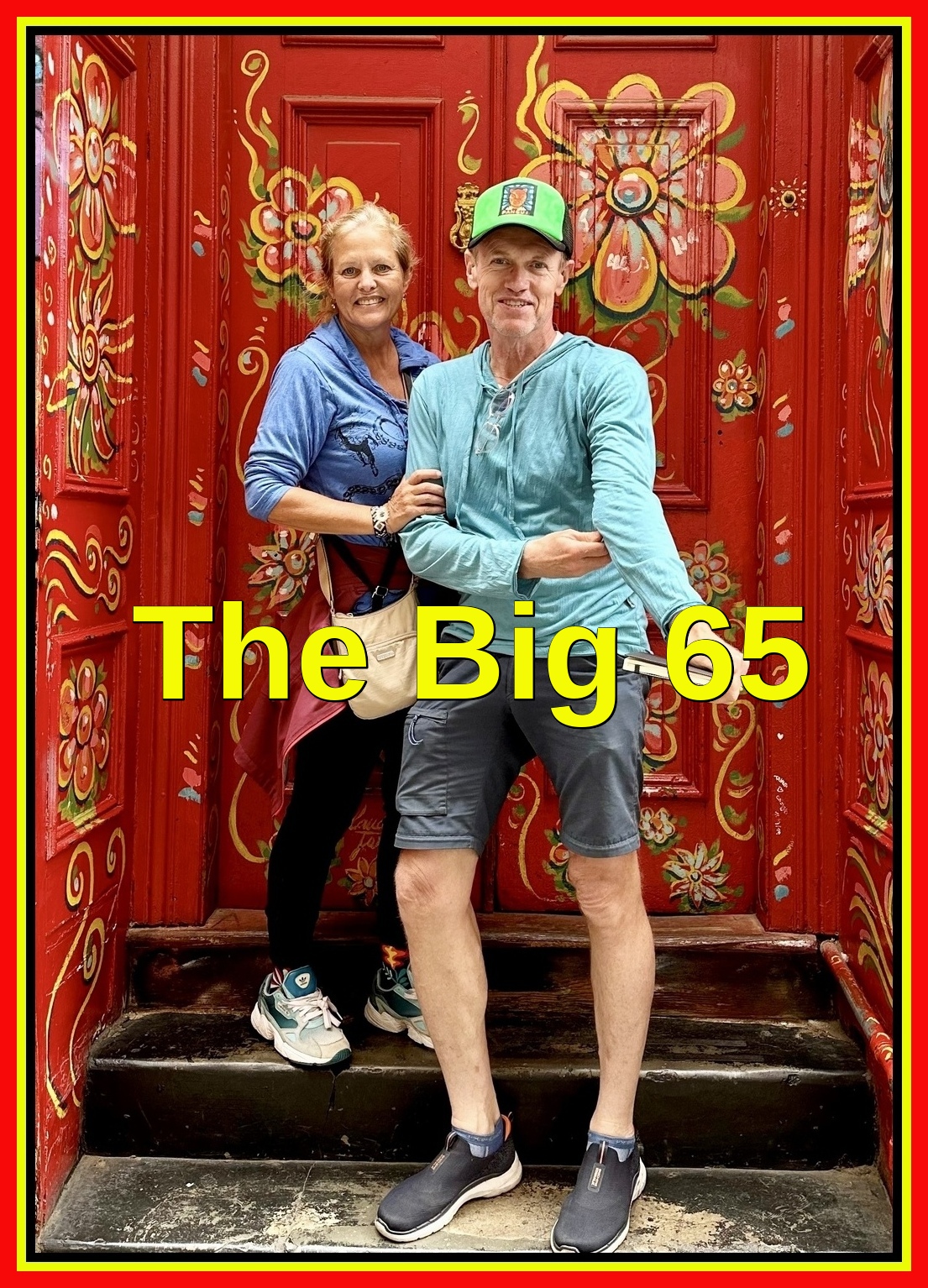 The Medicare insurance broker Karl Bruns-Kyler standing beside his wife Quantz in front of a bright red door.