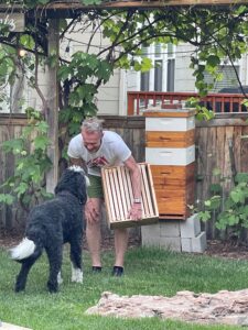 Karl taking a break from working on his bee hives and playing with Plato the black and white dog.