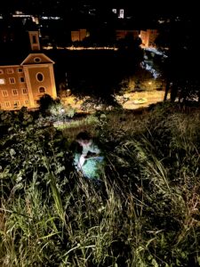 Nicholas sitting in grass after he tried to take a selfie sitting on the top of a fence in Salzburg.
