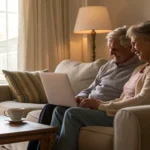 Couple researches urgent care costs on laptop.