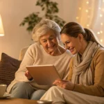 Two women smile while reviewing 2024 eHealth Medicare Advantage plans on a tablet.