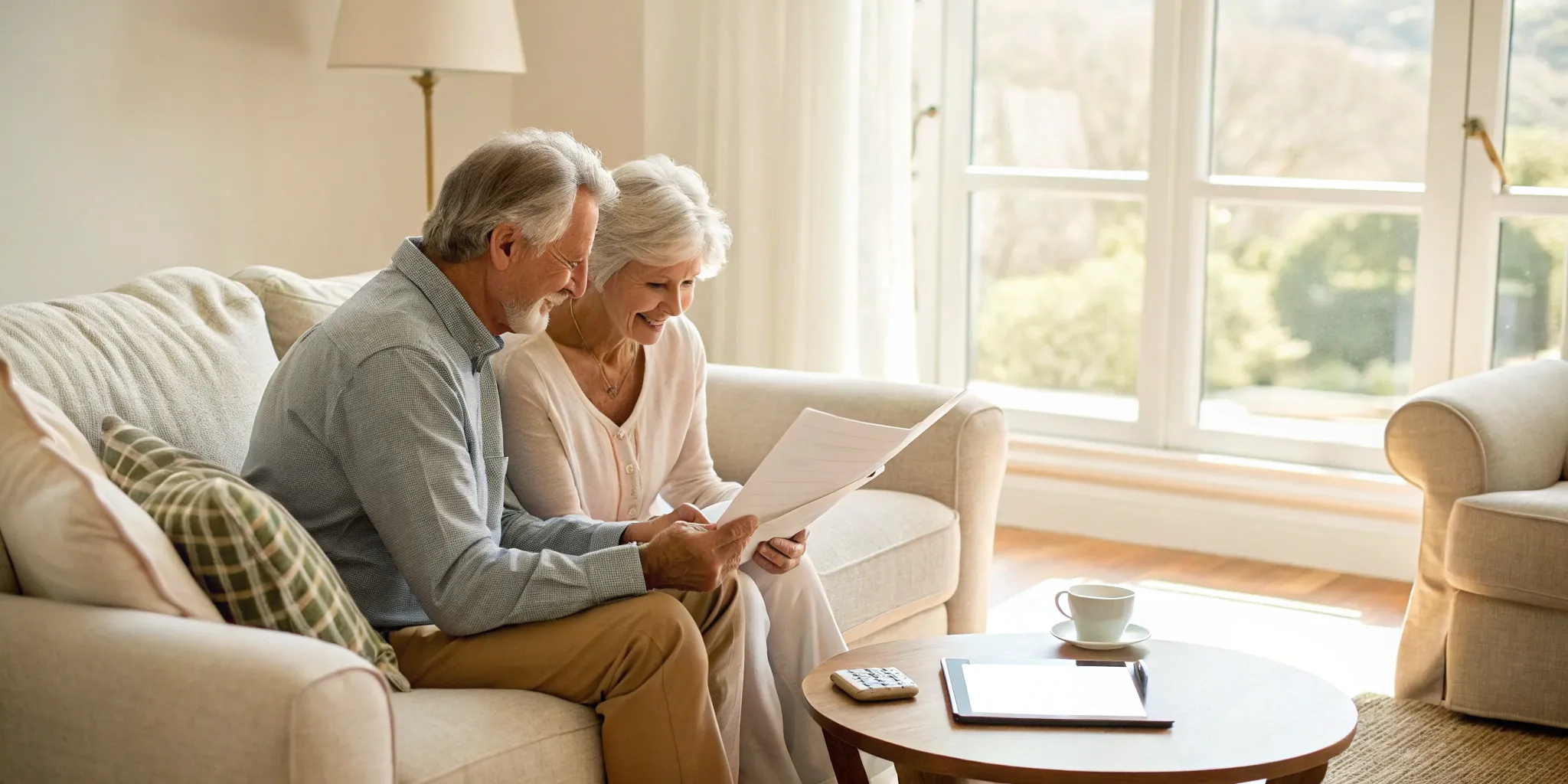 Couple smiles while reviewing 2025 Medicare Advantage plan costs.