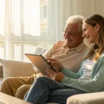 Couple smiles while reviewing Medicare Advantage plans on a tablet.