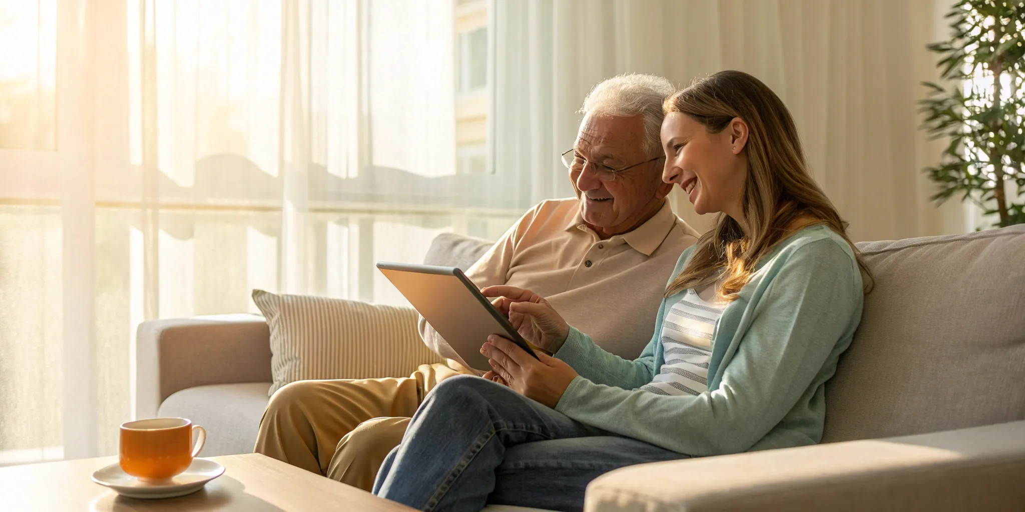 Couple smiles while reviewing Medicare Advantage plans on a tablet.