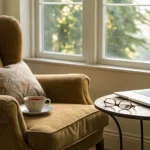 Laptop, tea, and glasses on desk by window. SelectQuote reviews research.