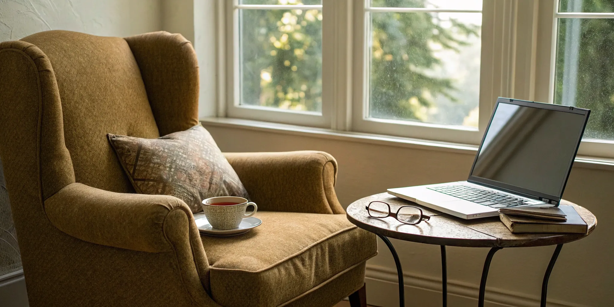 Laptop, tea, and glasses on desk by window. SelectQuote reviews research.