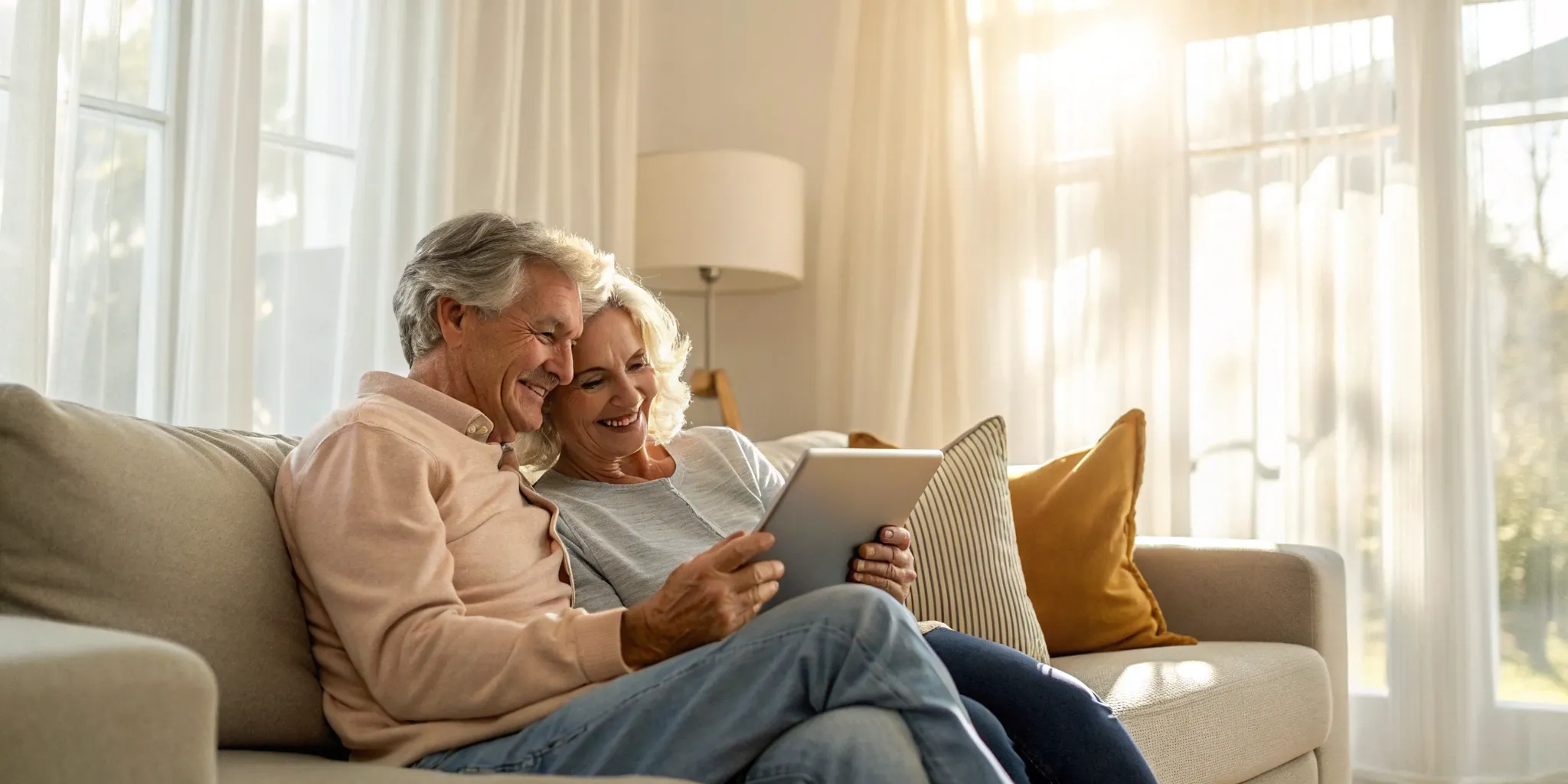 Couple uses tablet to compare term life insurance quotes.