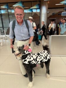 Karl with Plato who is dressed up as a cow.