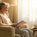 Woman reading a review to select the right insurance quote from the SelectQuote company.