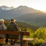 A Colorado Medicare insurance agent discussing plan options with a senior couple in the mountains.