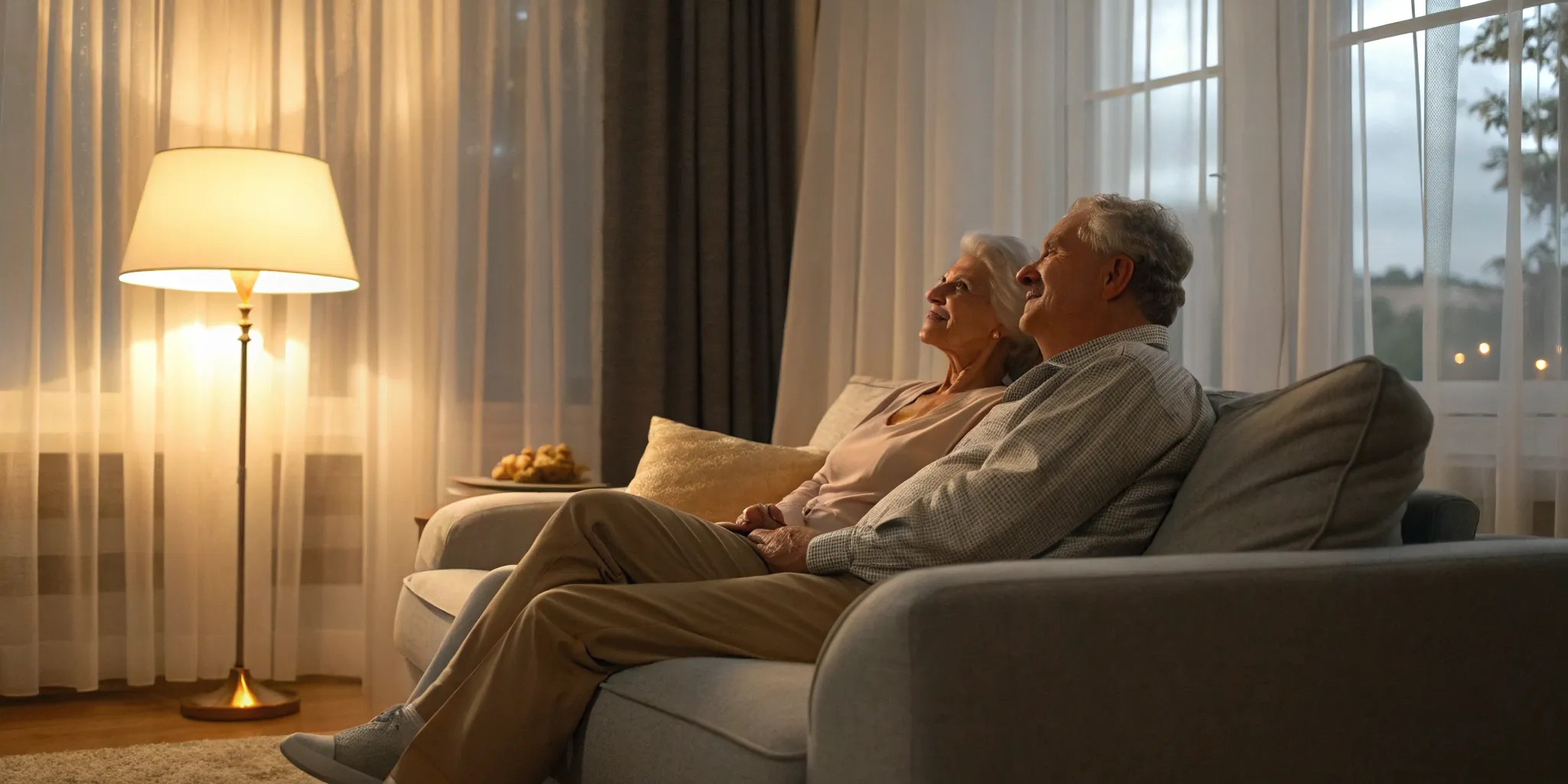 Senior couple on a couch researching Medicare supplements in Wisconsin.