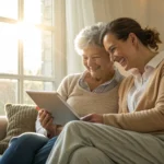 Two women happily compare SelectQuote insurance plans on a tablet.