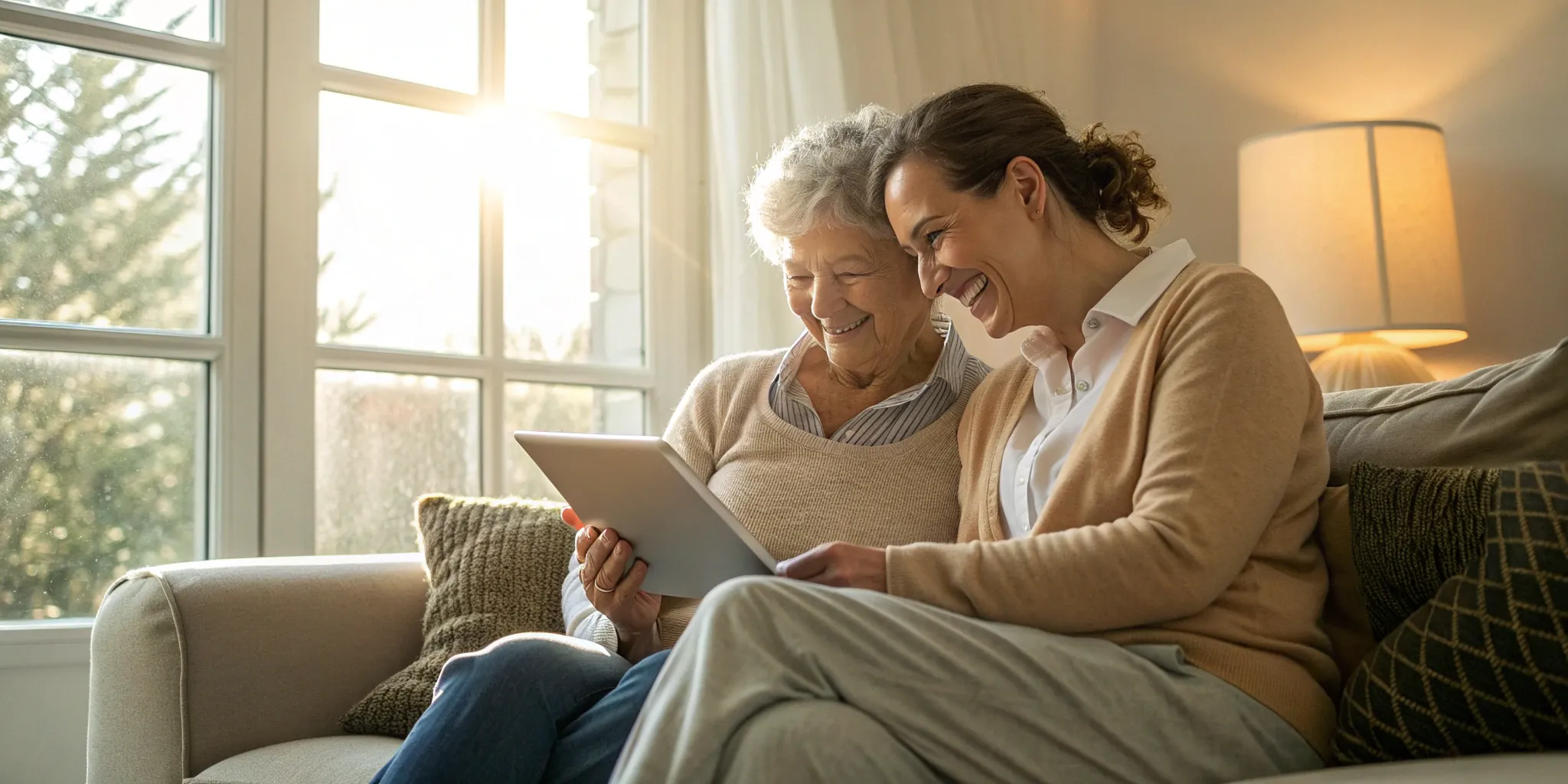 Two women happily compare SelectQuote insurance plans on a tablet.