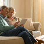 Senior couple comparing SelectQuote insurance company quotes on a tablet.