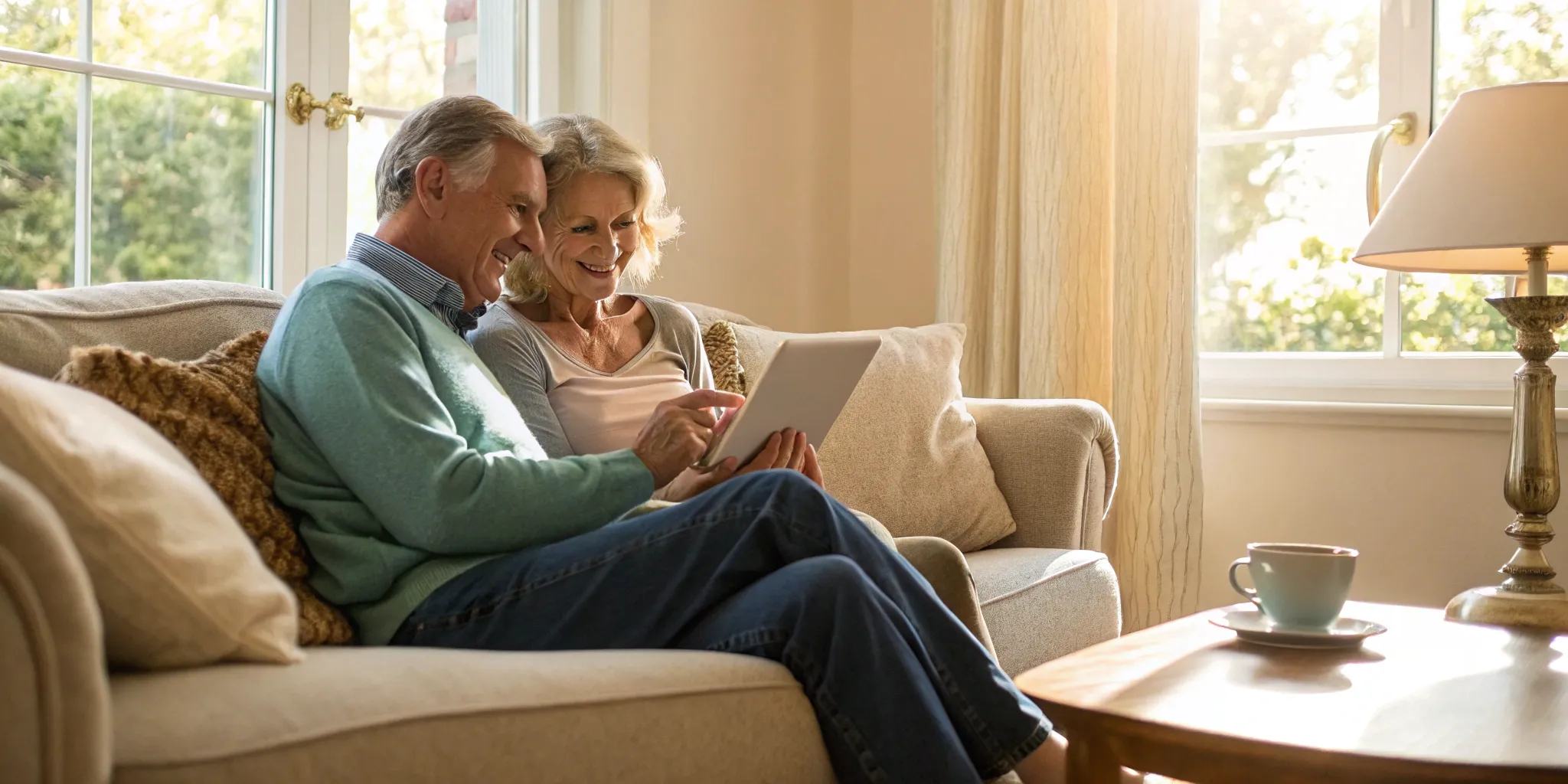 Senior couple comparing SelectQuote insurance company quotes on a tablet.