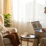 A health insurance broker explains health plan options to a senior woman on a laptop.