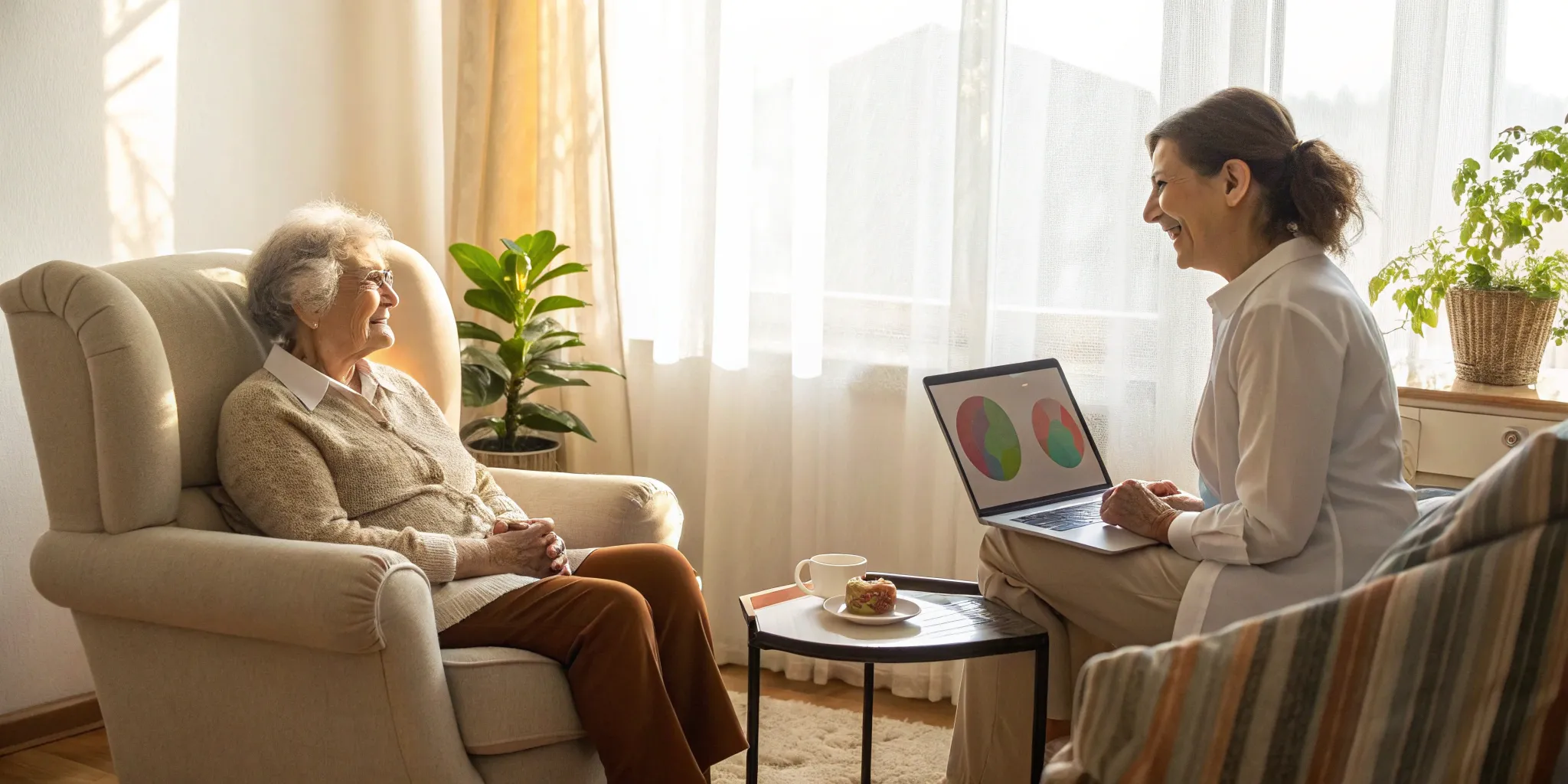 A health insurance broker explains health plan options to a senior woman on a laptop.