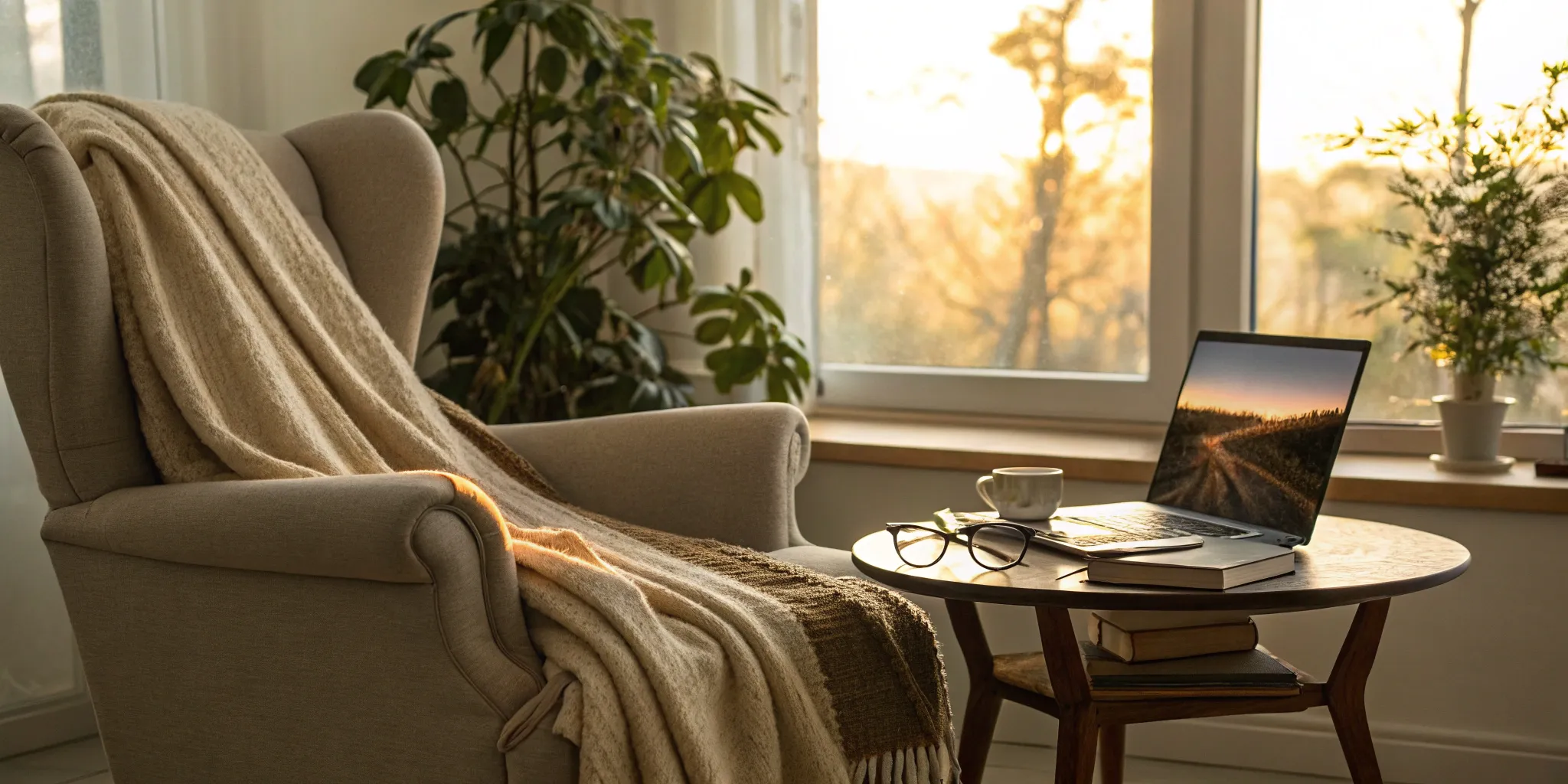 A comfortable home setting with a laptop open to learn about Medicare Advantage plans.