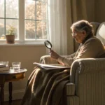Senior woman using a magnifying glass to research New Jersey Medigap plans.
