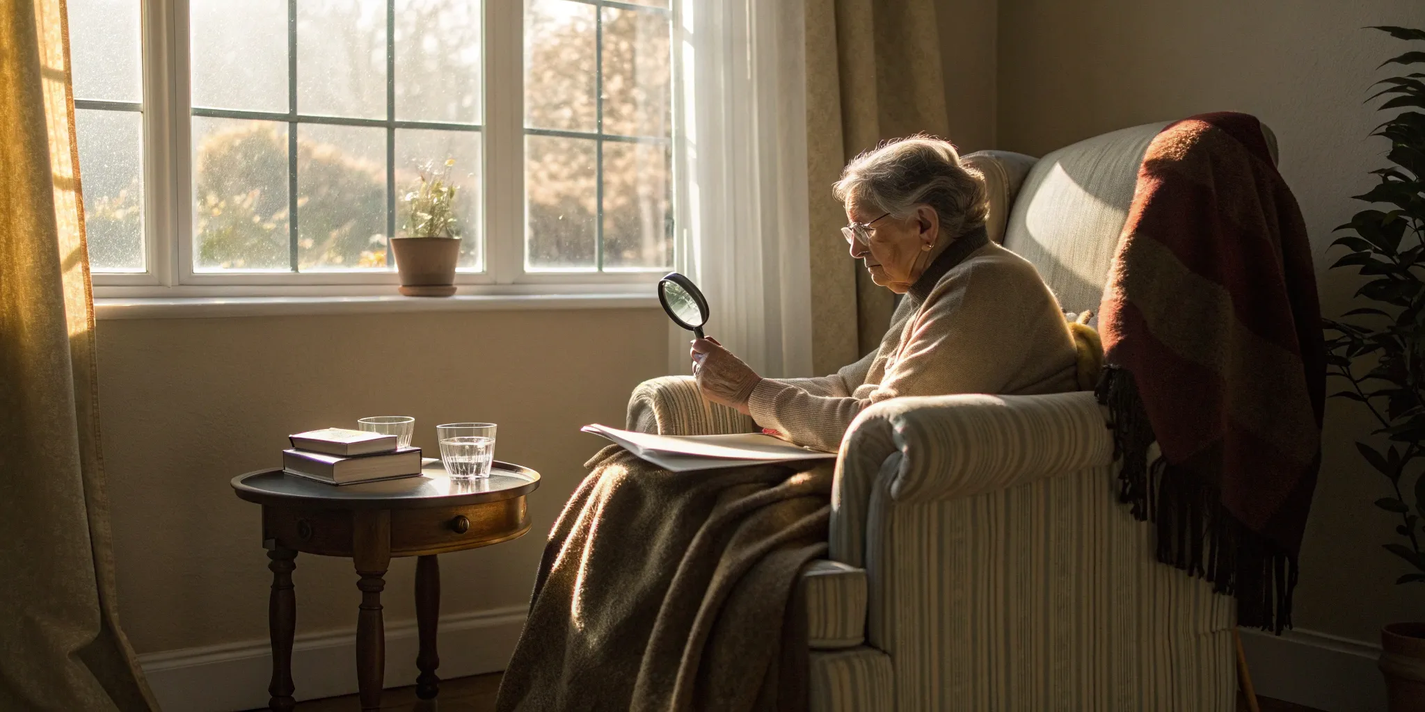 Senior woman using a magnifying glass to research New Jersey Medigap plans.