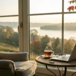 Researching Medicare supplements in Wisconsin on a laptop by a peaceful lake.