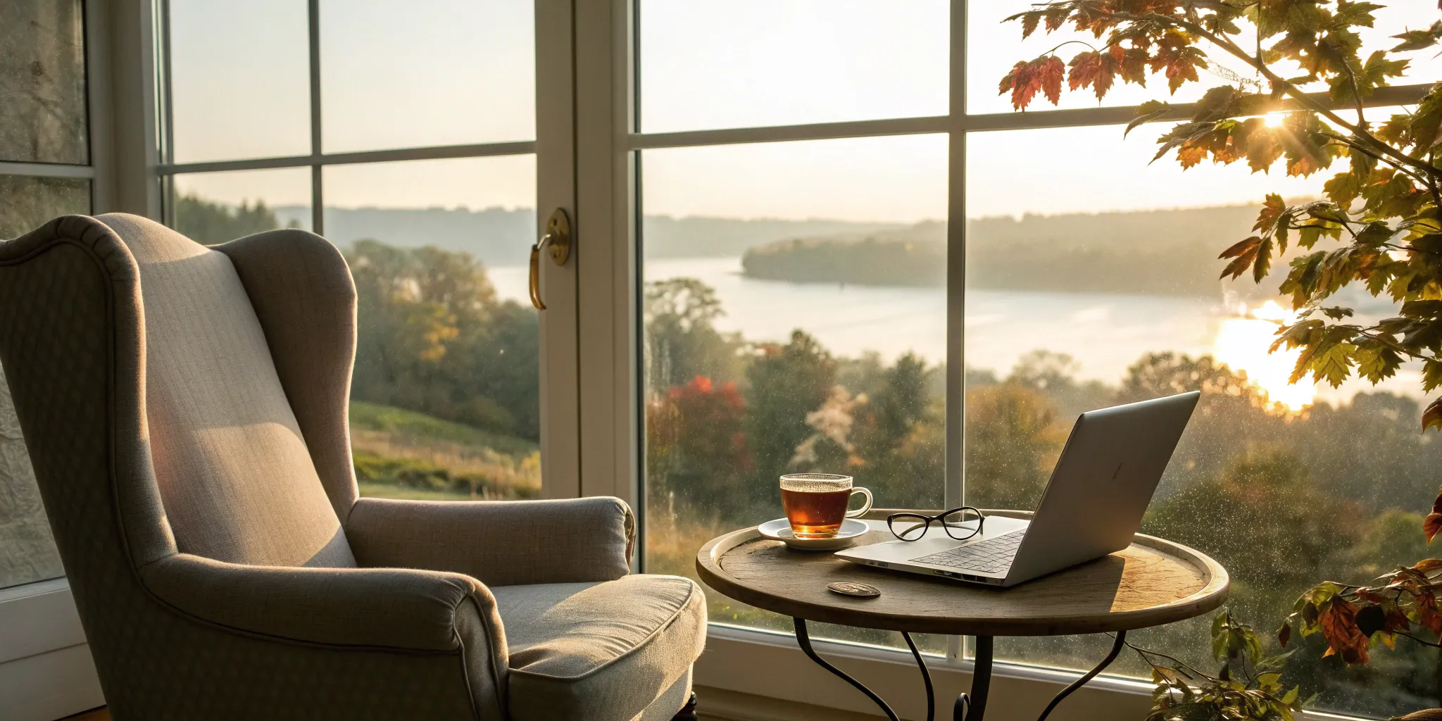 Researching Medicare supplements in Wisconsin on a laptop by a peaceful lake.