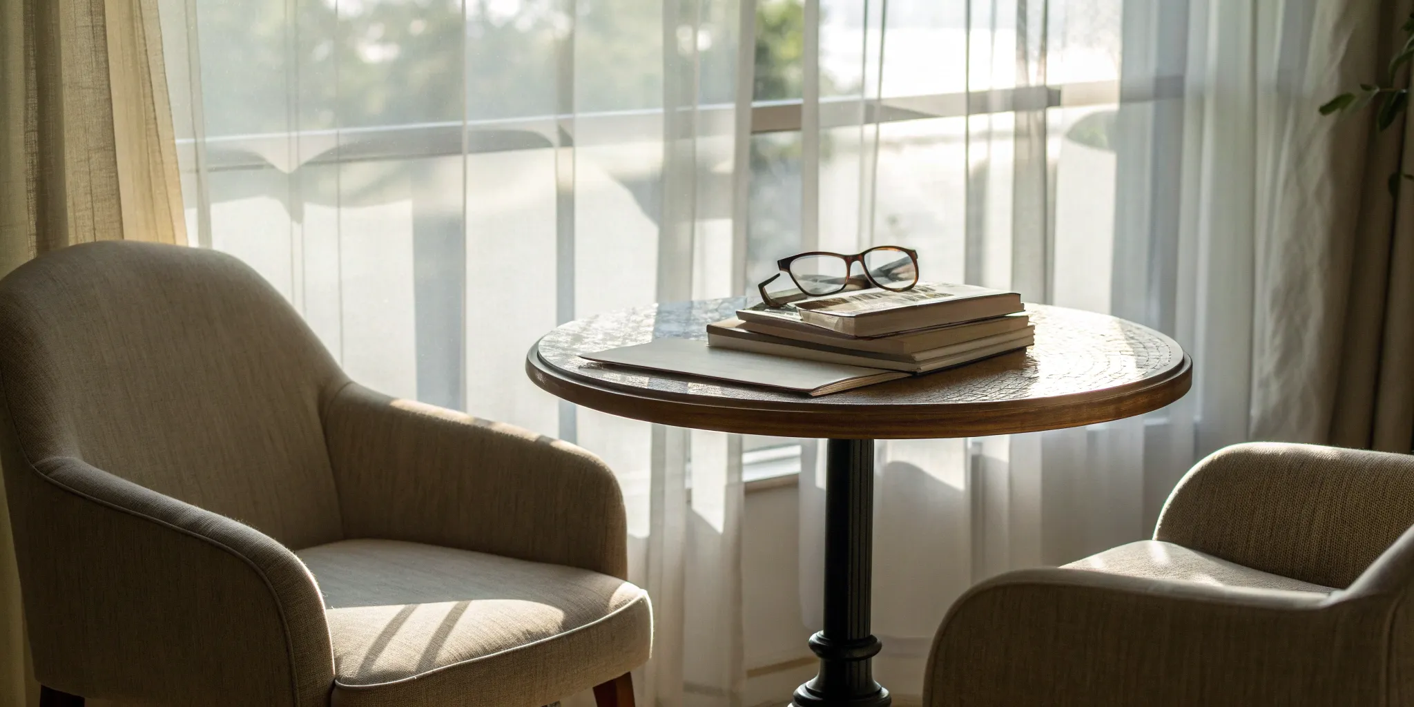 A table with a book and glasses, set up to research and compare new Medigap plans in New Jersey.