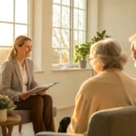 A health insurance broker in Georgia reviews coverage options with a senior couple.