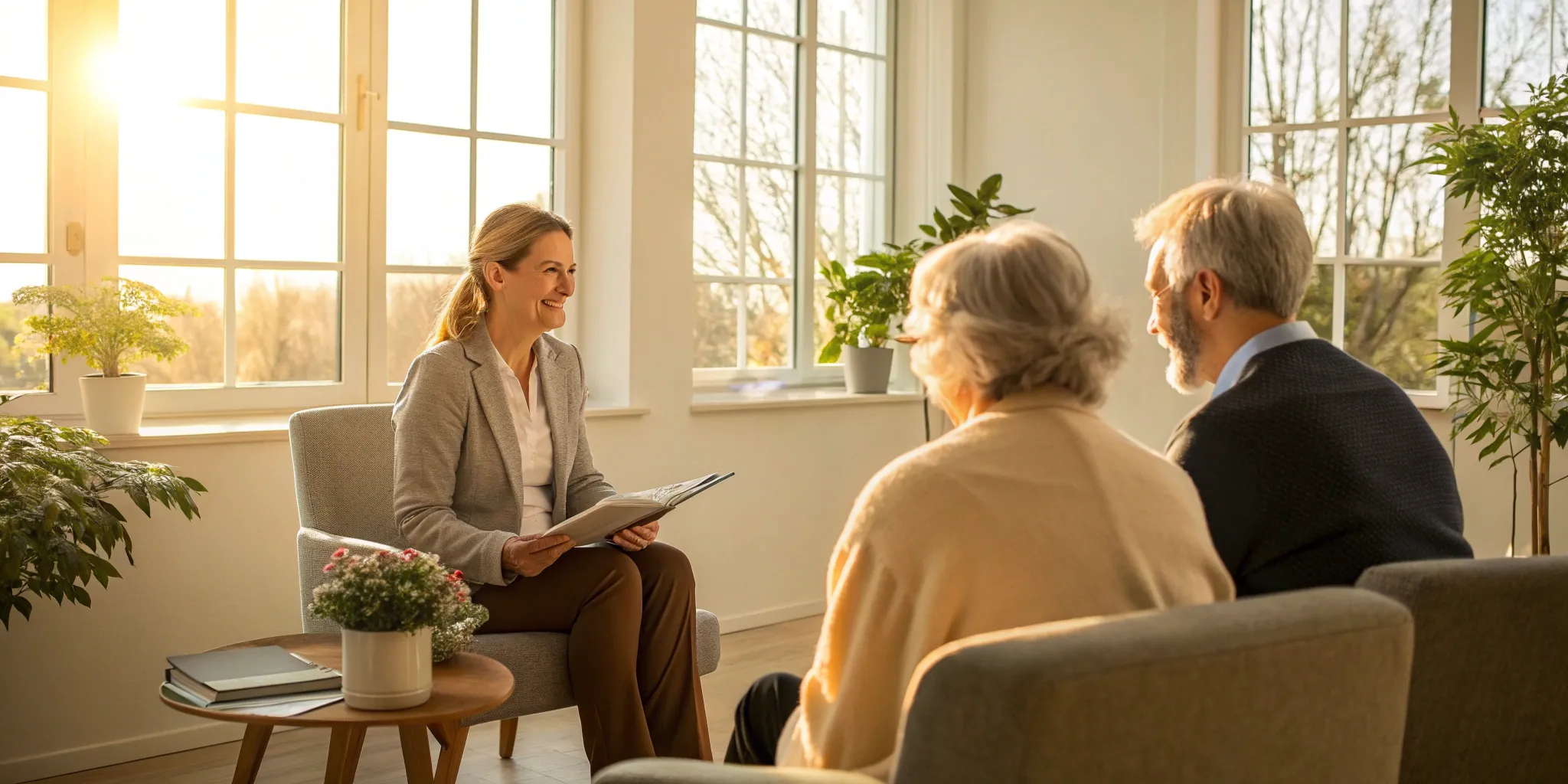 A health insurance broker in Georgia reviews coverage options with a senior couple.