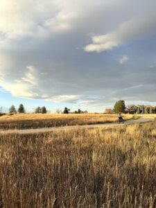 Miti riding a bike with grass in the foreground.