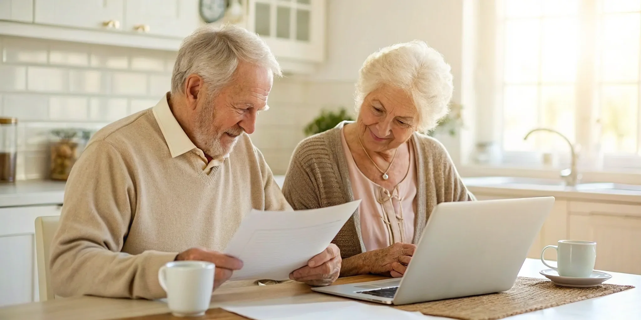 Senior couple comparing Medigap plans in Texas on a laptop.