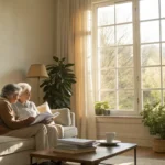 Senior couple sitting on a couch comparing life insurance quotes.