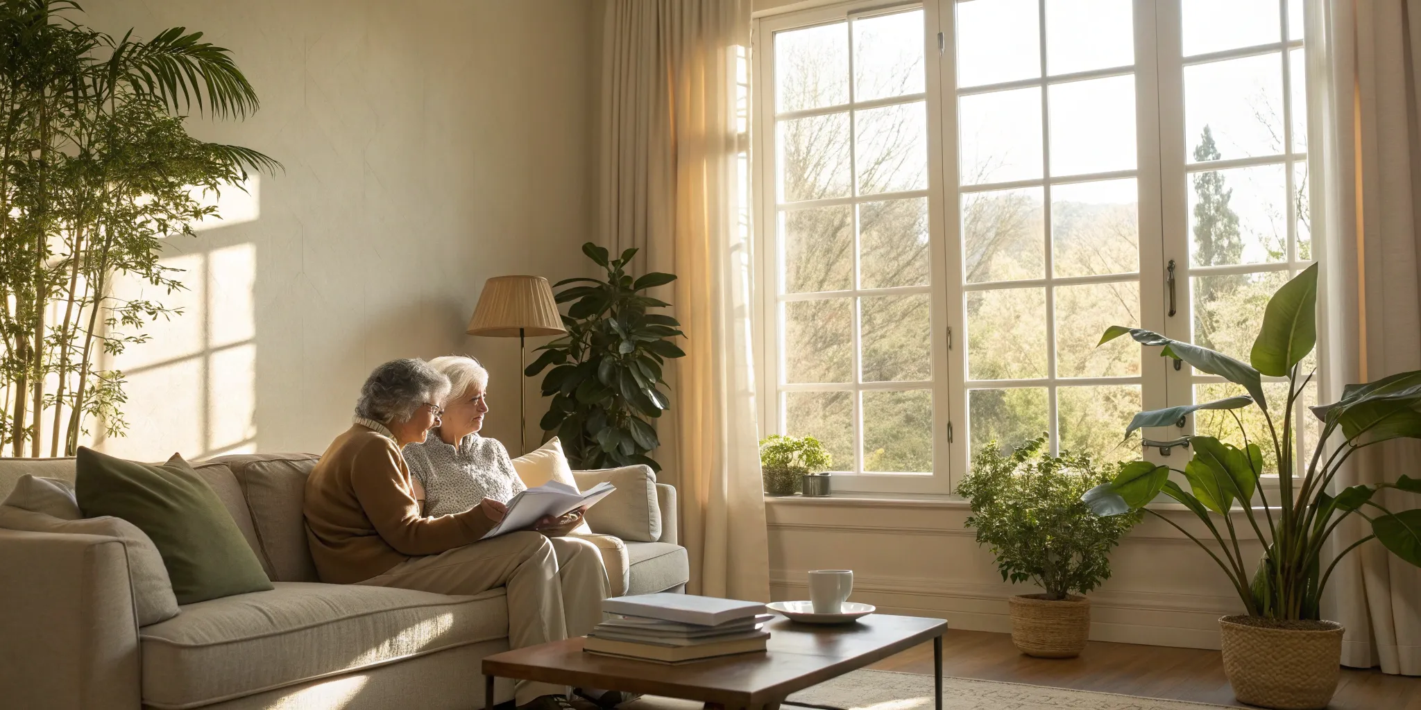 Senior couple sitting on a couch comparing life insurance quotes.