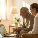 A health insurance broker in Maryland helps a couple review plans on a laptop.