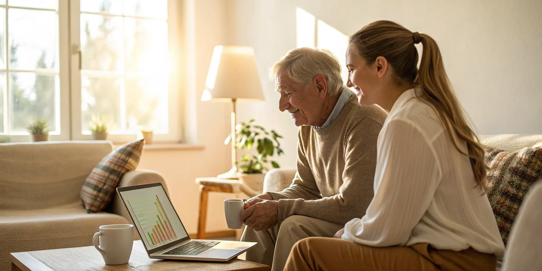 A health insurance broker in Maryland helps a couple review plans on a laptop.