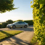 A silver sedan parked in a driveway, a car needing an auto insurance quote from SelectQuote.