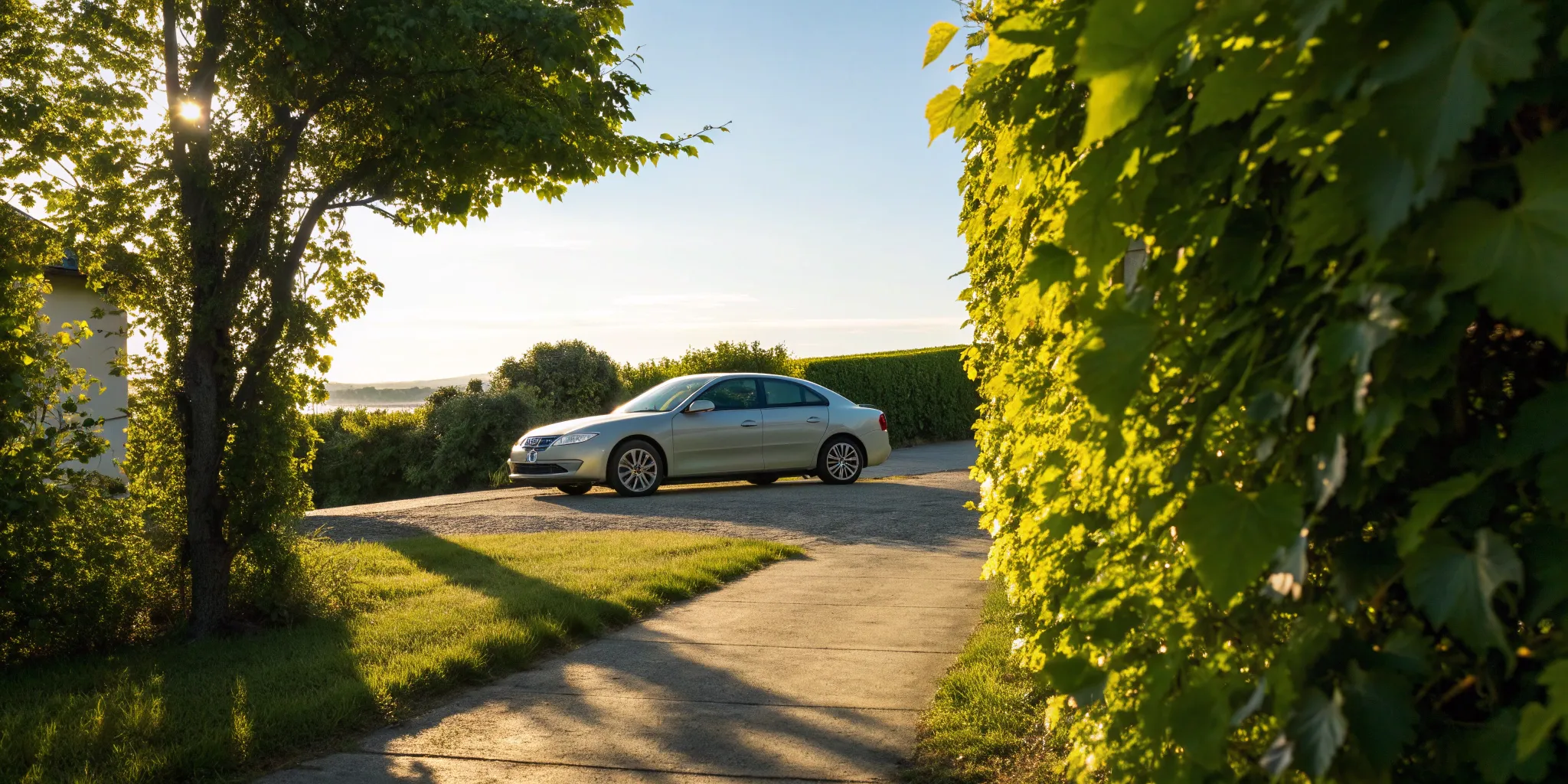 A silver sedan parked in a driveway, a car needing an auto insurance quote from SelectQuote.