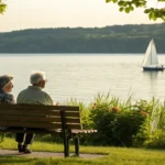 Senior couple by a Wisconsin lake reviewing their Medicare supplement options.