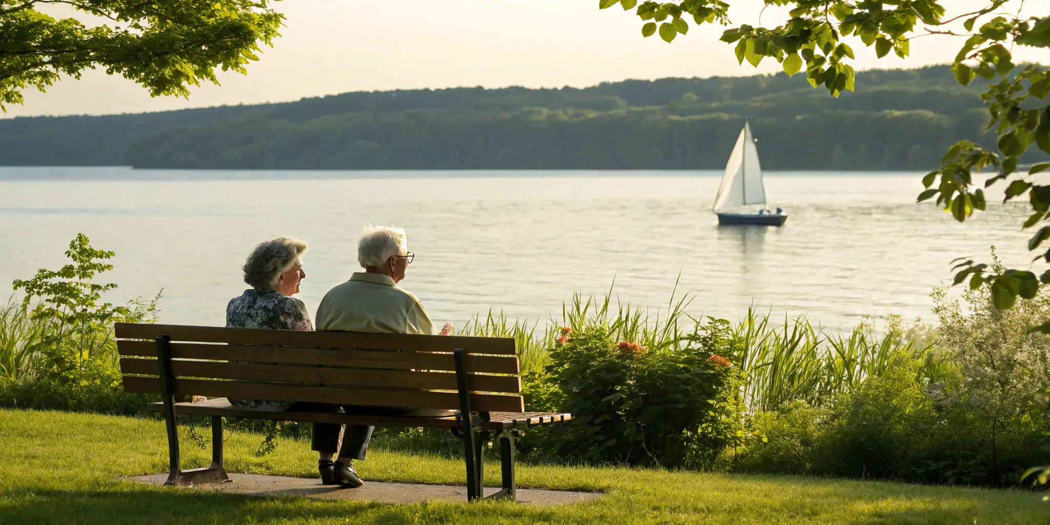 Senior couple by a Wisconsin lake reviewing their Medicare supplement options.