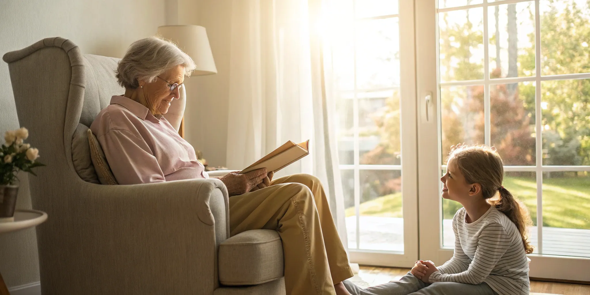 A senior woman reads to her granddaughter, confident in her choice of medicare supplements.