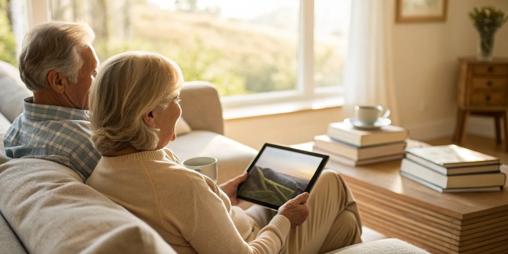 Older couple comparing Medicare Advantage plans on a tablet.