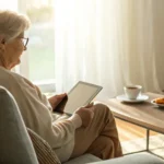 Senior woman comparing the best Medigap insurance companies on a tablet.