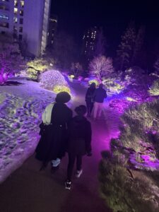 People walking at night surrounded by purple lights.