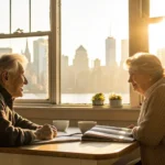 Senior couple with a New York view researching their options for Medigap plans.